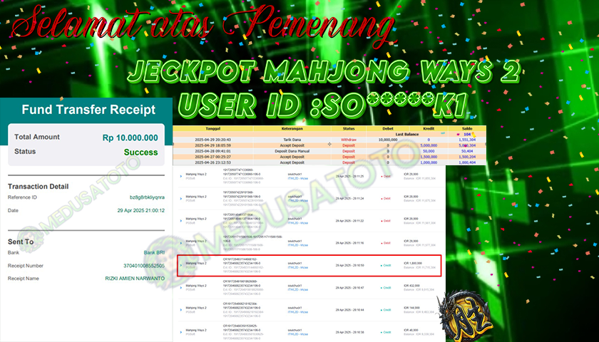 BUKTI JP MEDUSATOTO JP MAHJONG WAYS 2 RP.10.000.000