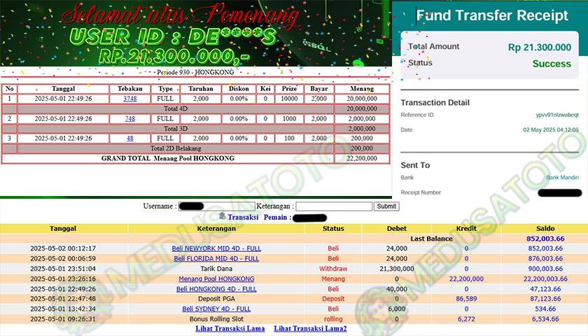 BUKTI JP MEDUSATOTO JP TOTO HONGKONG RP.21.300.000