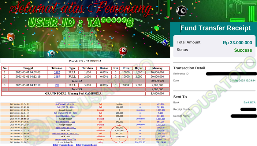 BUKTI JP MEDUSATOTO JP TOTO CAMBODIA RP.33.000.000