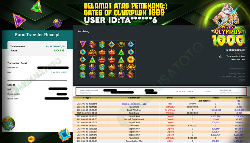BUKTI JP MEDUSATOTO JP GATES OF OLYMPUSH 1000 RP.18.000.000,-
