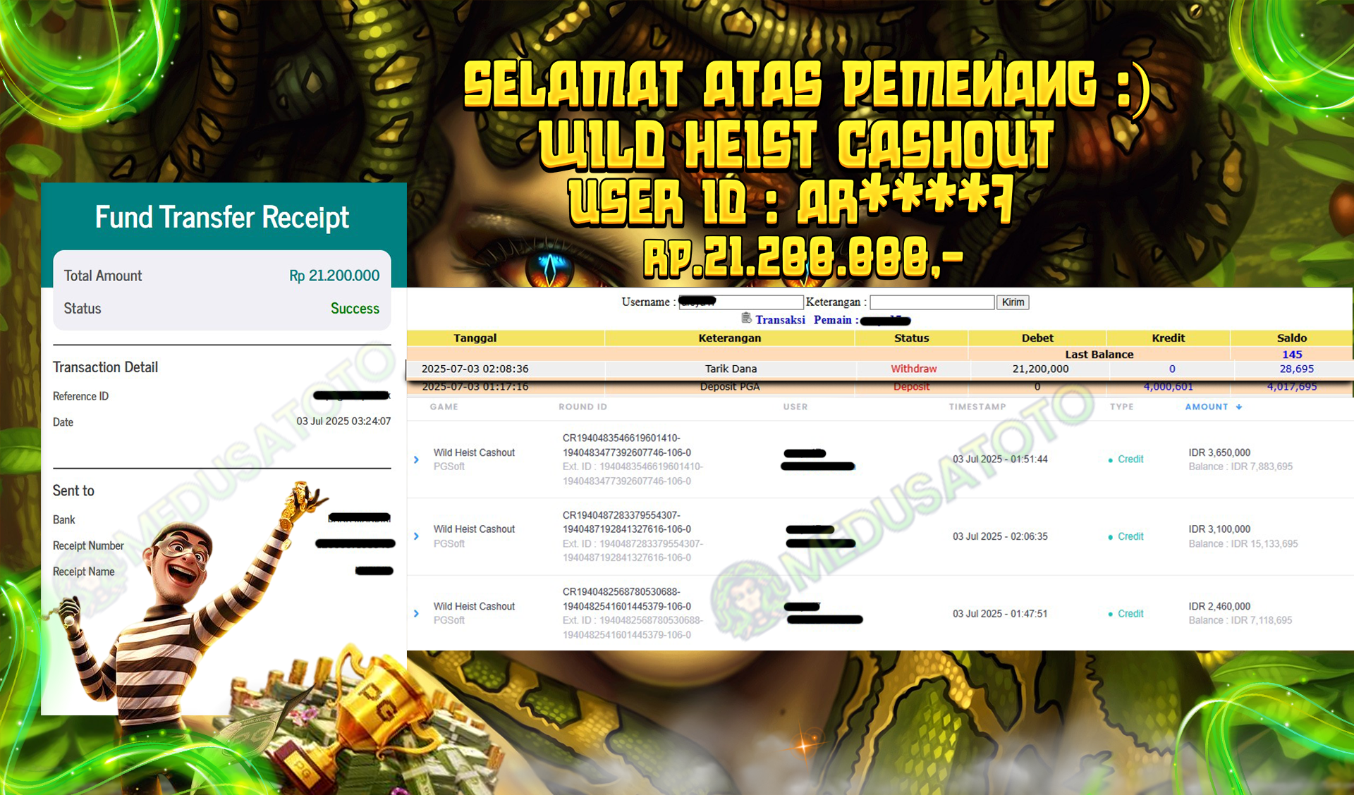 BUKTI JP MEDUSATOTO JP WILD HEIST CASHOUT RP.21.200.000,-