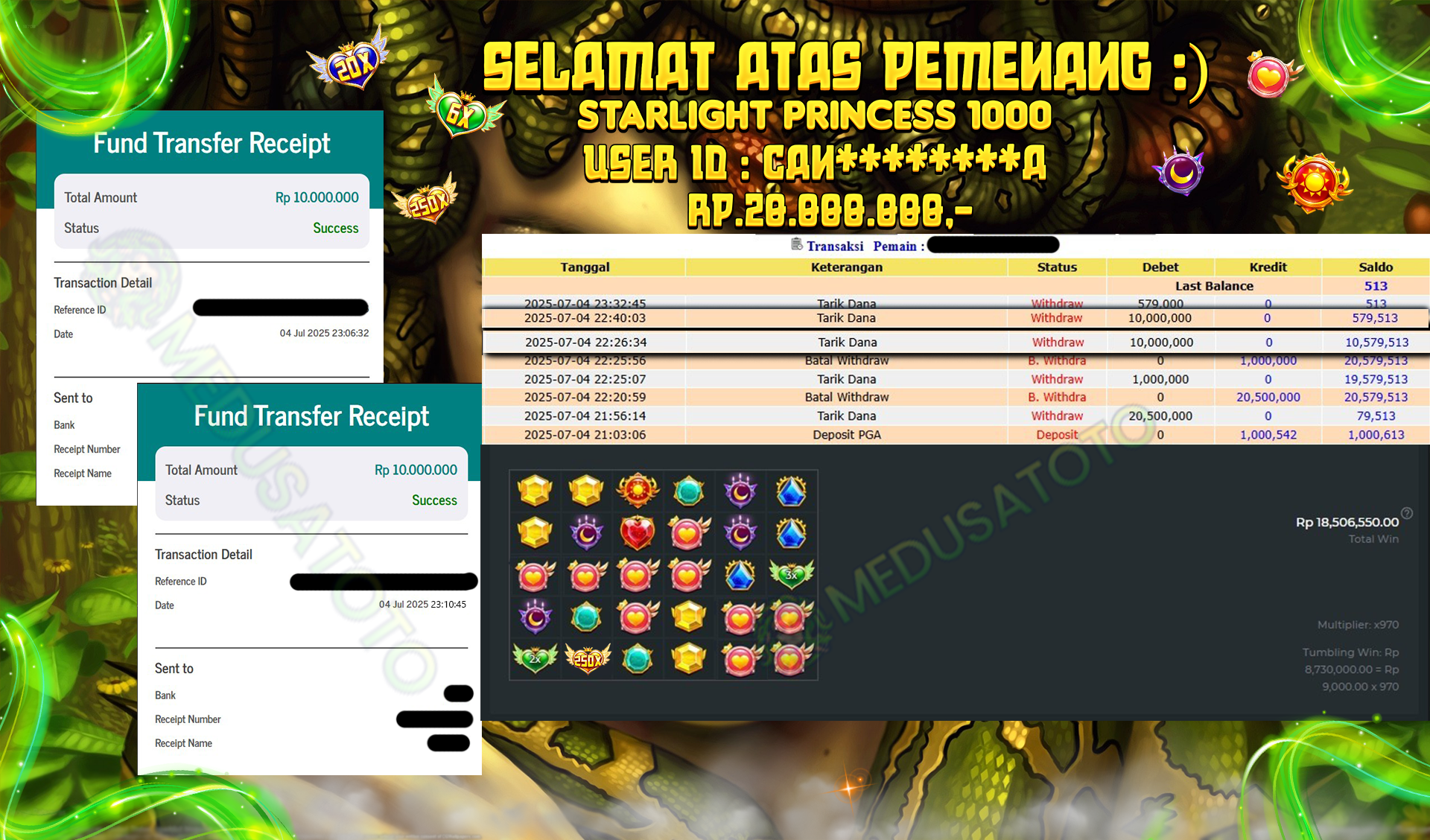 BUKTI JP MEDUSATOTO JP STARLIGHT PRINCES RP.20.000.000,-