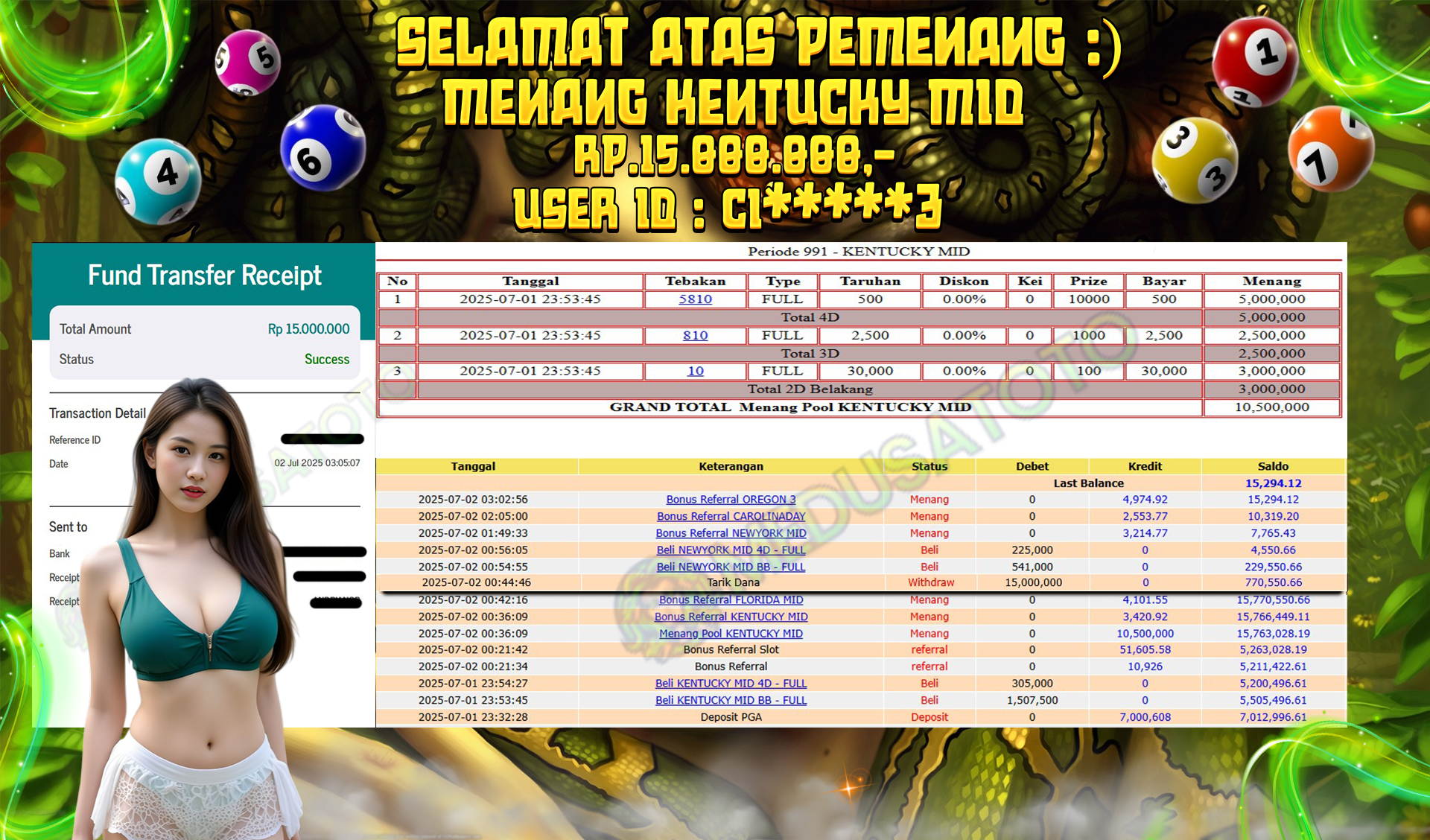 BUKTI JP MEDUSATOTO JP KENTUCKY MID RP.15.000.000,-