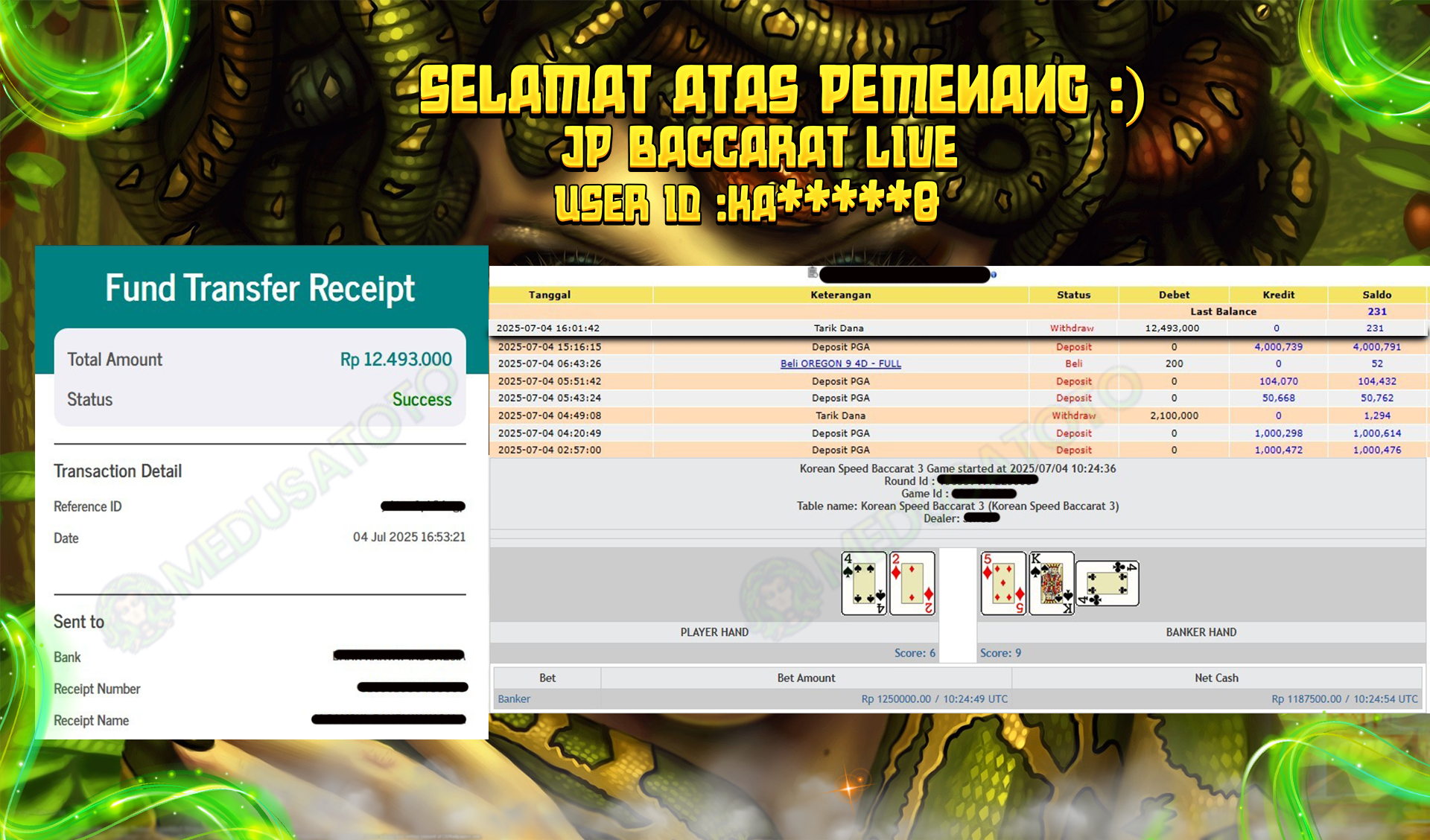 BUKTI JP MEDUSATOTO JP LIVE BACCARAT RP.12.493.000,-