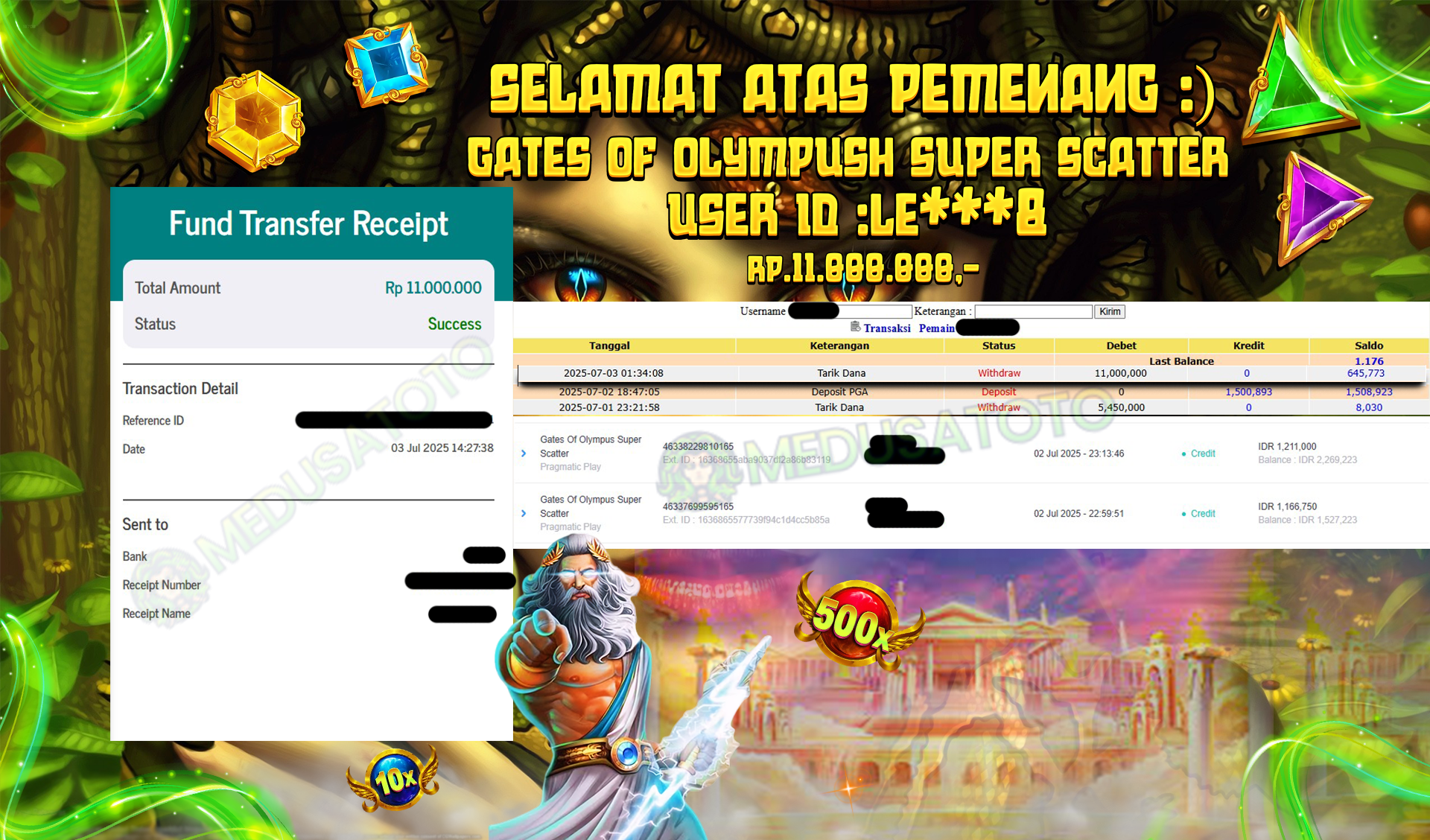 BUKTI JP MEDUSATOTO JP GATES OF OLYMPUSH SUPER SCATTER RP.11.000.000,-