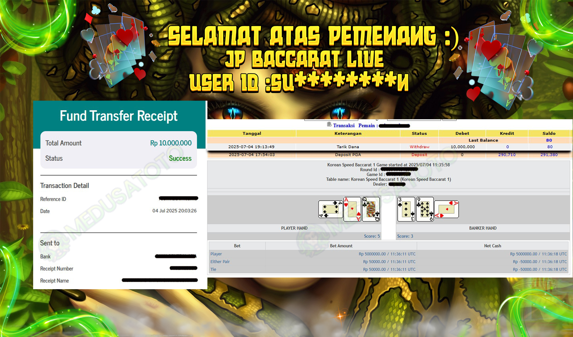 BUKTI JP MEDUSATOTO JP LIVE BACCARAT RP.10.000.000,-